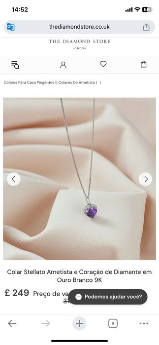 Colar Stellato Ametista e Coração de Diamante em Ouro Branco 9K