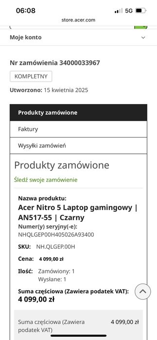 Acer Nitro 5 Laptop Gamingowy AN517-55 czarny