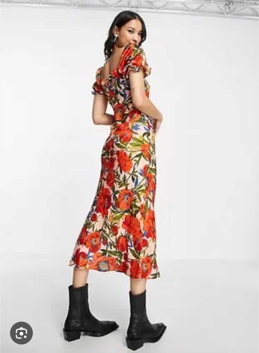 Сатиновое платье сарафан миди цветочный принт маки с разрезом topshop