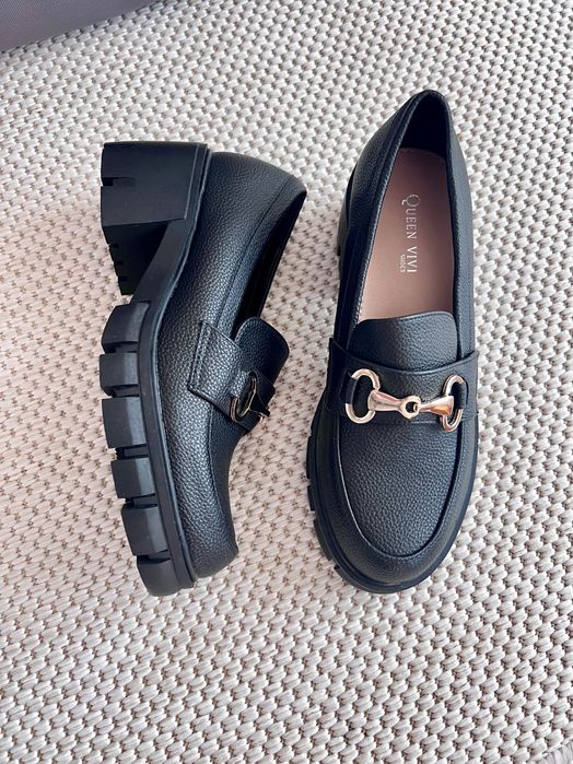 39 Sklep Nowe Mokasyny Damskie Czarne Gruba Podeszwa Loafersy Casual Wsuwane