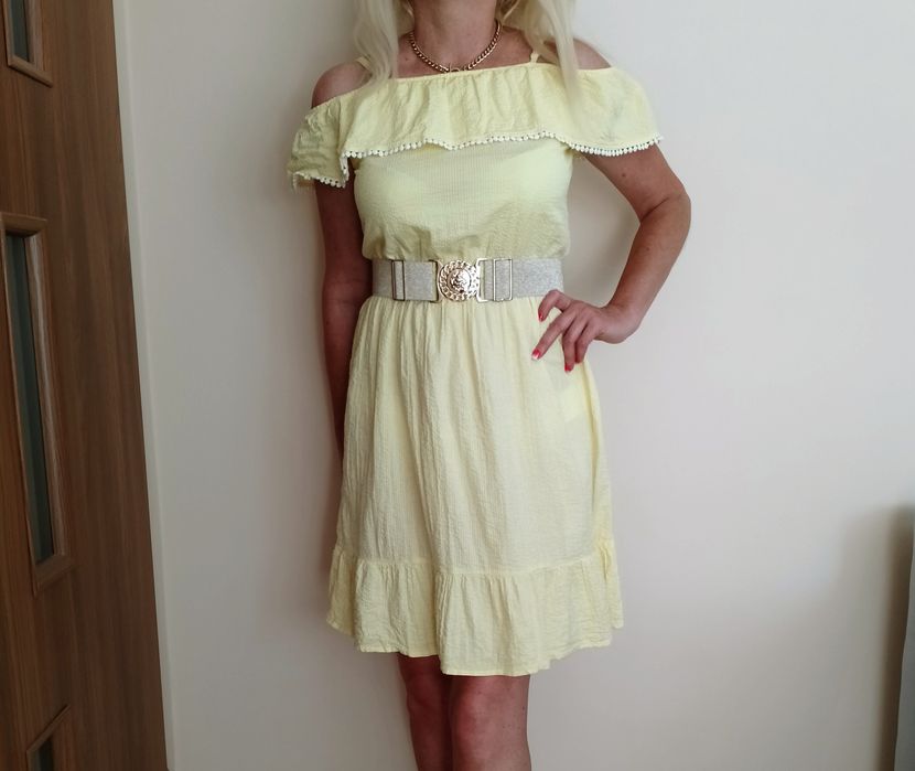 MEGA zestaw 3 szt sukienki kwiaty WELUR+ kratka+ żółta hiszpanka S M