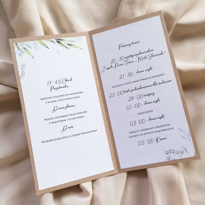 Menu weselne w stylu boho gipsówka i zieleń