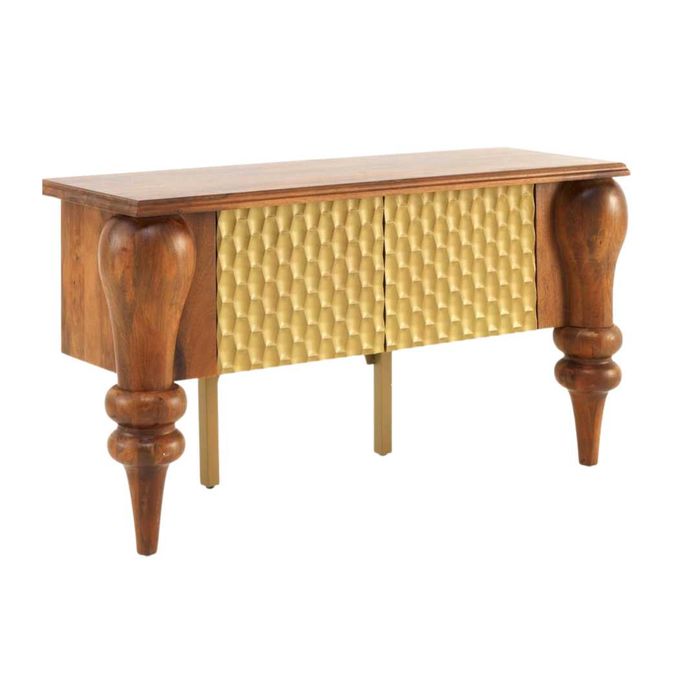 Konsola z drewna mango ze złotymi drzwiami i rzeźbionymi nogami