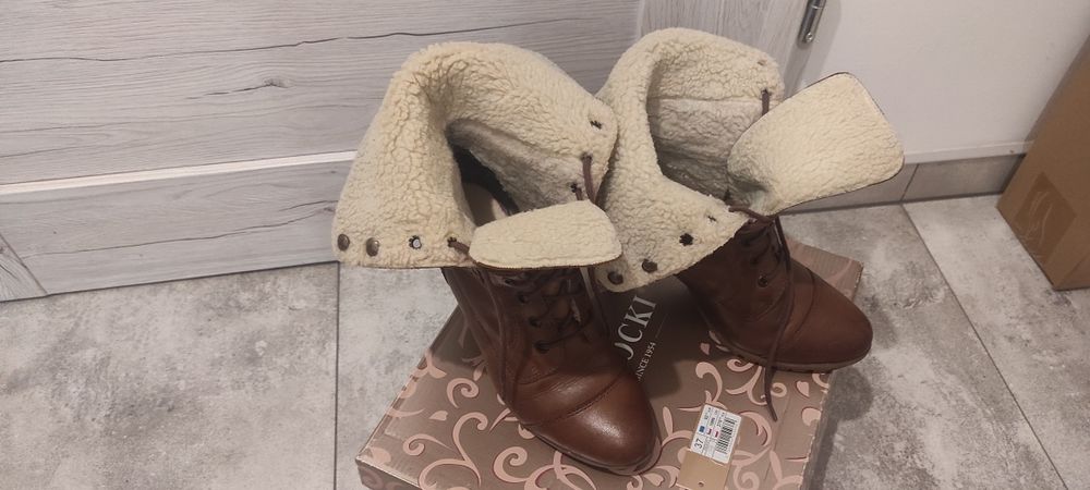 Buty Lasocki botki kozaki 37 skóra brązowe brąz wiązane obcas na obcas