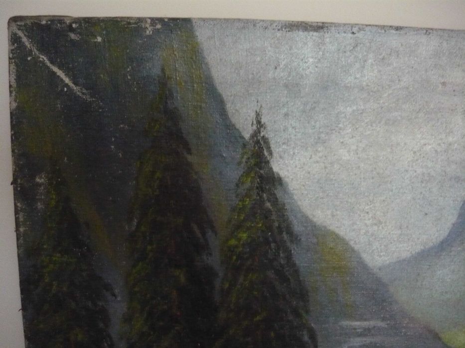 Stary obraz olejny sygnowany z 1943 r wiejski domek na tle gór