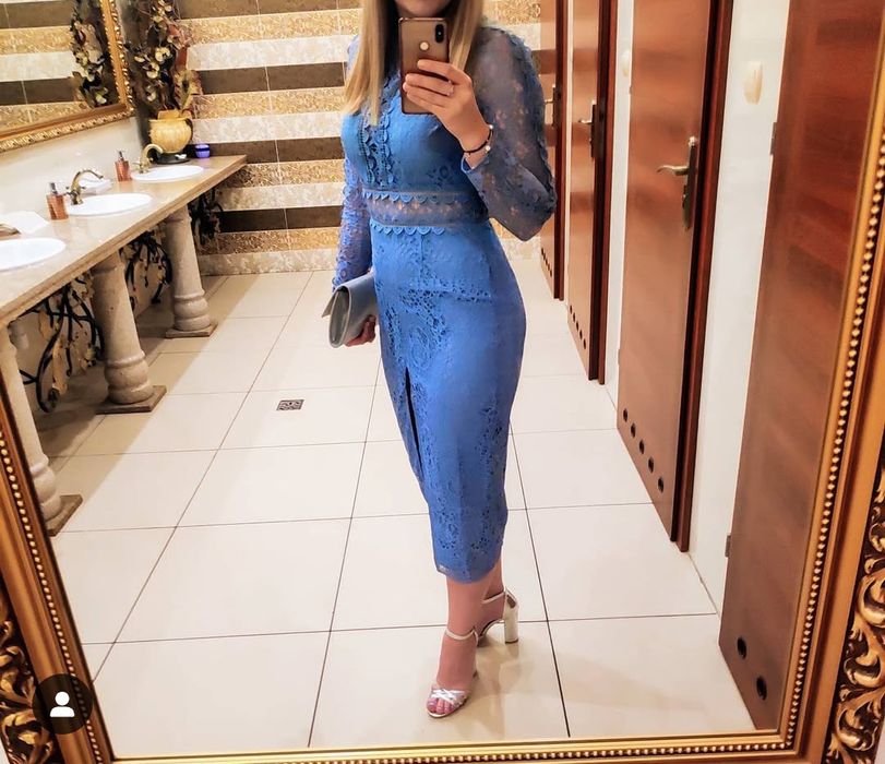 Asos niebieska ołówkowa sukienka z długim rękawem z koronki rozmiar M