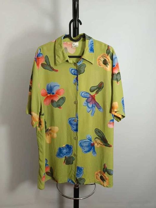 Divina of Switzerland 100% Cupro Koszula Vintage Floral Avant Garde Shirt Green XXL
