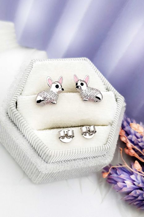 Srebrne kolczyki pieski corgi z cyrkoniami i emalią pr. 925