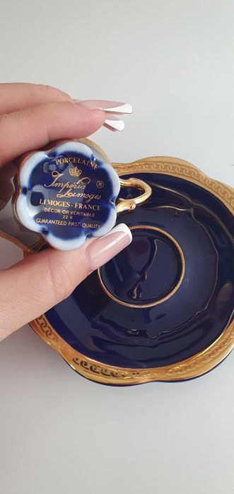 LIMOGES VERITABLE PORCELAINE D'ART Filiżanka Kobalt Duet Francja Rokok