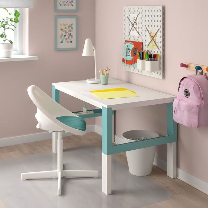 PÅHL Secretária, altura regulável branco/turquesa, 96x58 cm + LOBERGET / SIBBEN Cadeira p/secretária criança+coxim, branco/turquesa