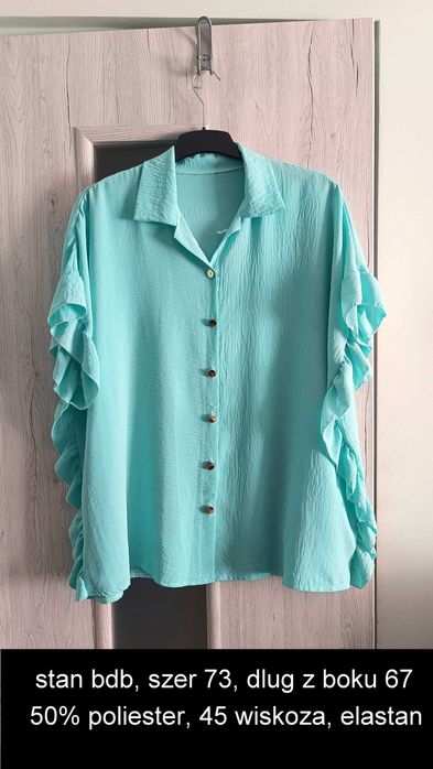 Bluzka elegancka z falbanami miętowa, turkusowa 50 52