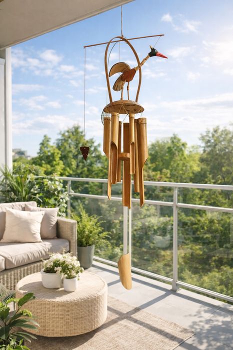 Dzwonki wietrzne bambus ptak czapla balkon taras ogród