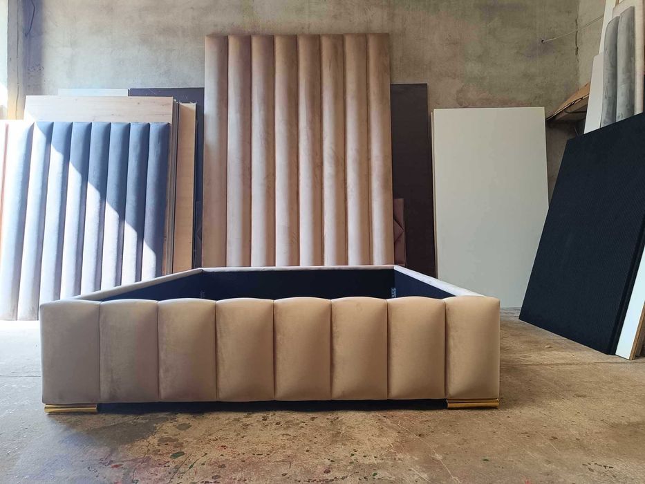 Łóżko tapicerowane box panele na wymiar łóże projekt półwałki welur