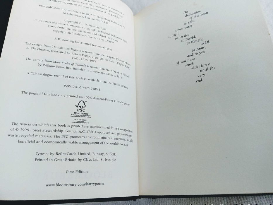 1st Edition in Bloomsbury Harry Potter and the Deathly Hallows (Adult) de J.K. Rowling [Portes Incluídos]