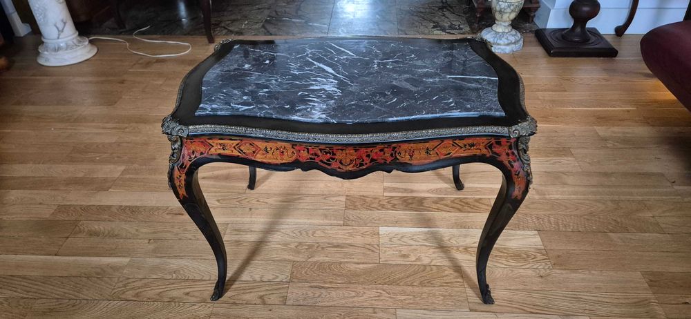 Zabytkowy stolik do kart w stylu Boulle Ikrustacja Ludwik XV antyk