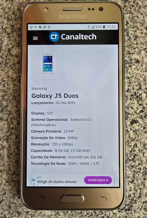 Samsung Galaxy J5 Duos Dourado – Dual SIM – Bom estado