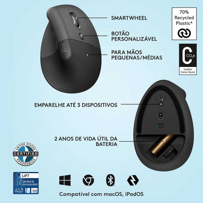 Rato Laser Logitech Lift Vertical Ergonomic Wireless/Bluetooth 4000DPI