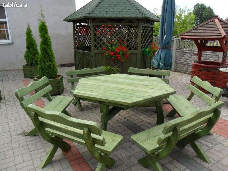 Komplet meble ogrodowe zestaw ogrodowy stół SZEŚCIOKĄT 6 ławek 90 cm