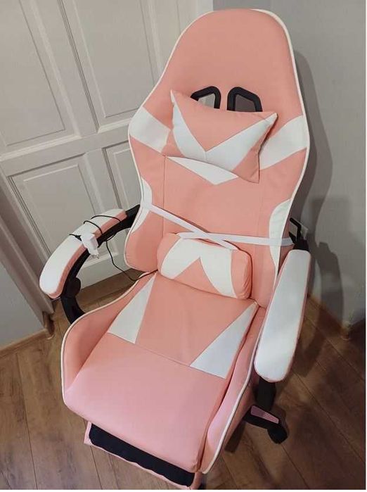 Fotel Gamingowy Różowy Obrotowy Biurkowy Krzesło Podnóżek Wygoda Masaż