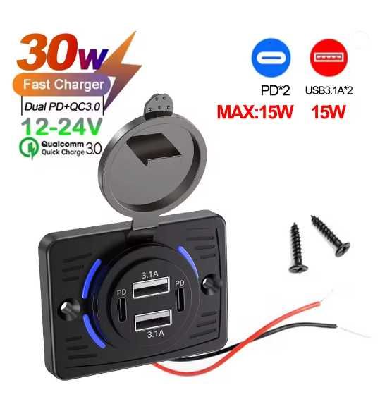 Автомобільна швидка зарядка  12V to 2 USB-A 3.1А + 2 Type-C PD 30W