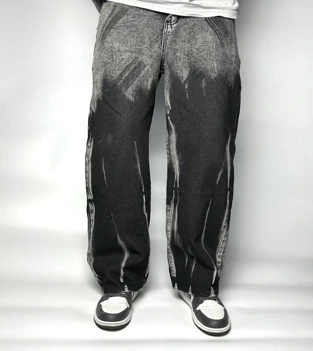 Czarno szare szerokie jeansy baggy Luźne spodnie o szerokiej nogawce