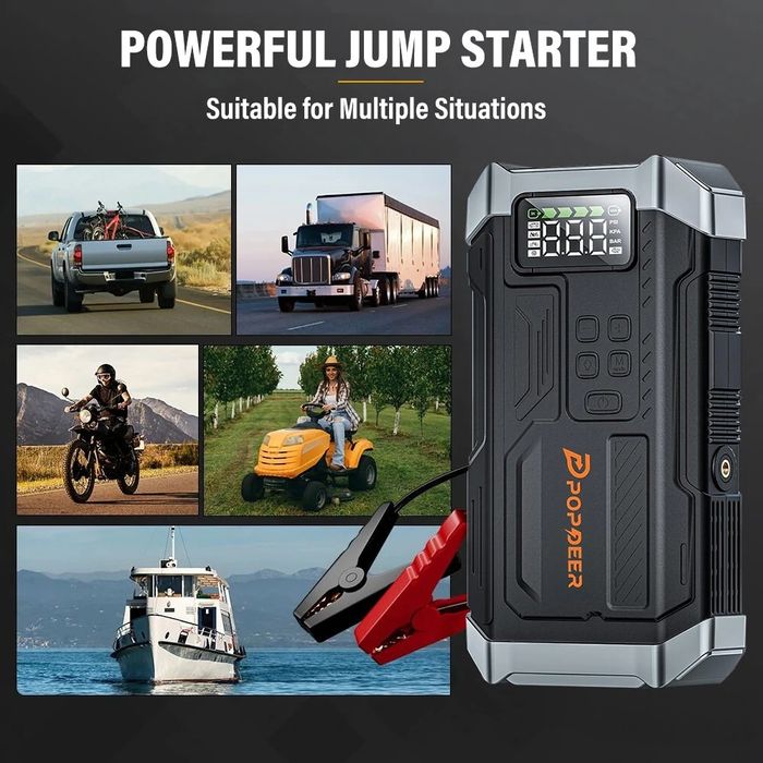 Booster 12V com Compressor de Ar 5000A, Lanterna, Powerbank, Car Start