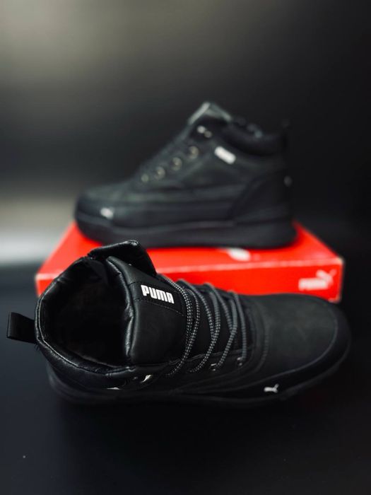 Высокие зимние кроссовки Puma/ ботинки красовки Пума черные кожанные