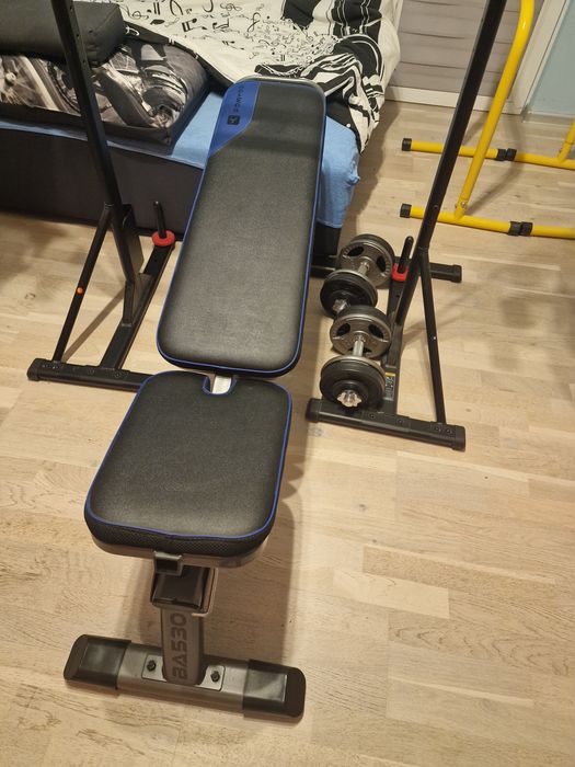 Zestaw - ciężary żeliwne 90kg, ławeczka, sztanga, hantle, poręcze