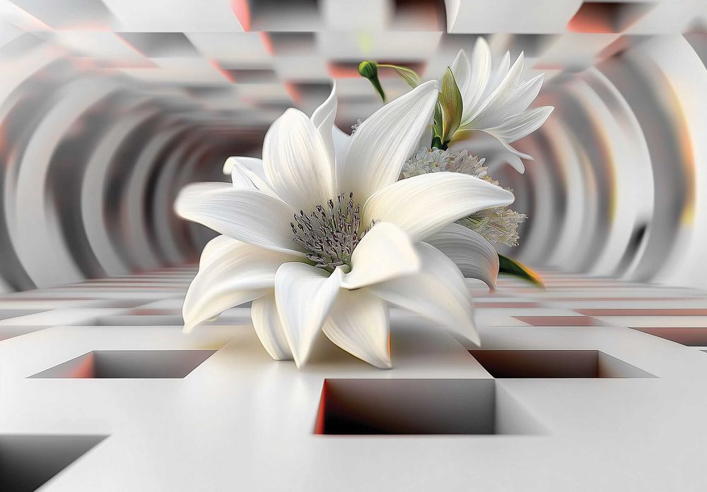 Fototapeta Lilia Kwiaty Abstrakcja Tunel Kremowa Biel Beż 3D + KLEJ