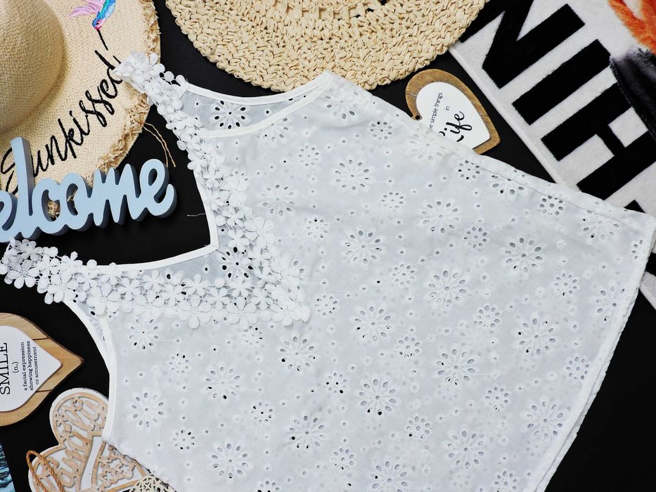 Shein  biały top ażur boho angielski hafty tył serek 40/42