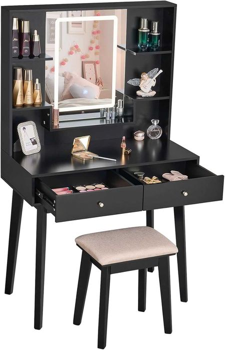 Toucador de maquilhagem com espelho LED, gavetas, prateleiras e banco