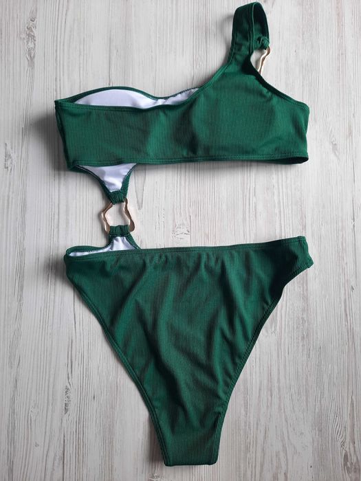 Зеленый купальник монокини на одно плечо L XL в рубчик мягкая чашка