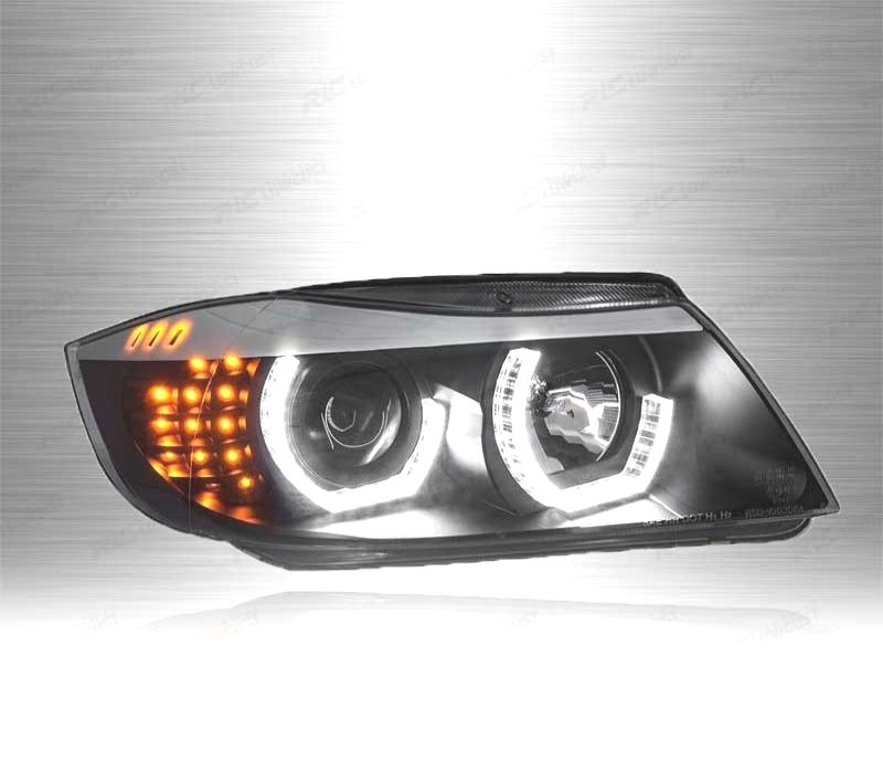 FARÓIS BMW E90 E91 05-08 ANGEL EYES 3D LED + PISCA LED FUNDO PRETO