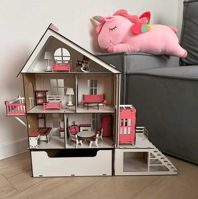 Ляльковий будинок 60 см з ліфтом і меблями для LOL рожевий