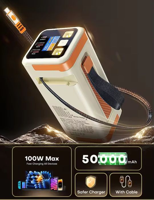 Павербанк QOOVI 50000 mAh 100W з TFT дисплеєм та вбудованим кабелем
Па
