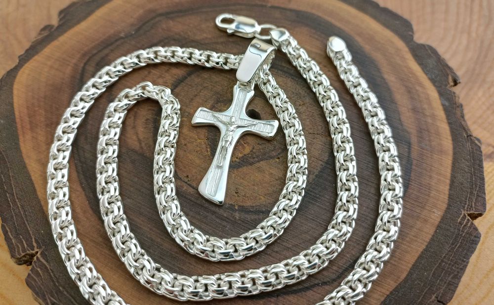 Серебряная цепочка Бисмарк и крестик 925. Ланцюг срібний Бісмарк хрест
