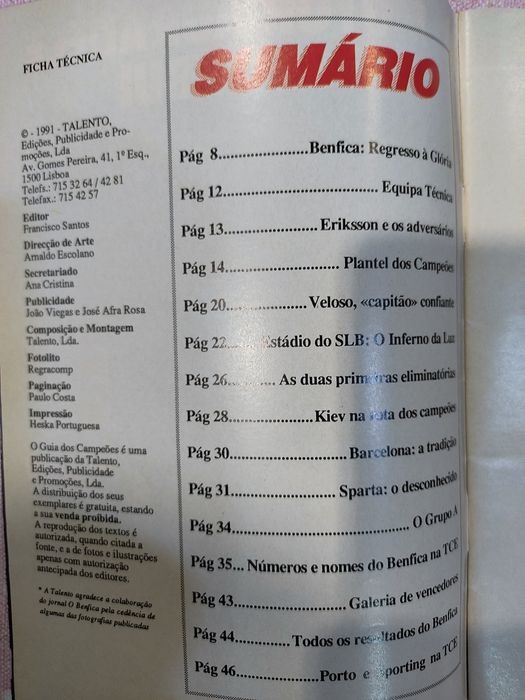 Guia dos campeões Benfica dezembro 1991