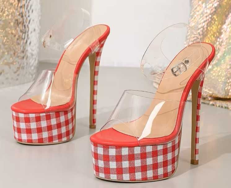 Przezroczyste Sandały w czerwoną kratę