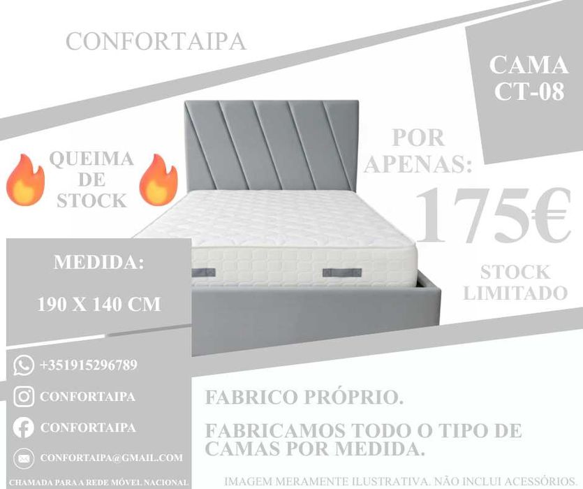 Cama de Casal Estofada - 190x140cm - Promoção Queima de Stock