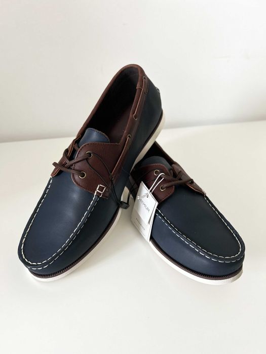 Nowe granatowe brązowe skórzane loafersy męskie Reserved r. 45 skóra