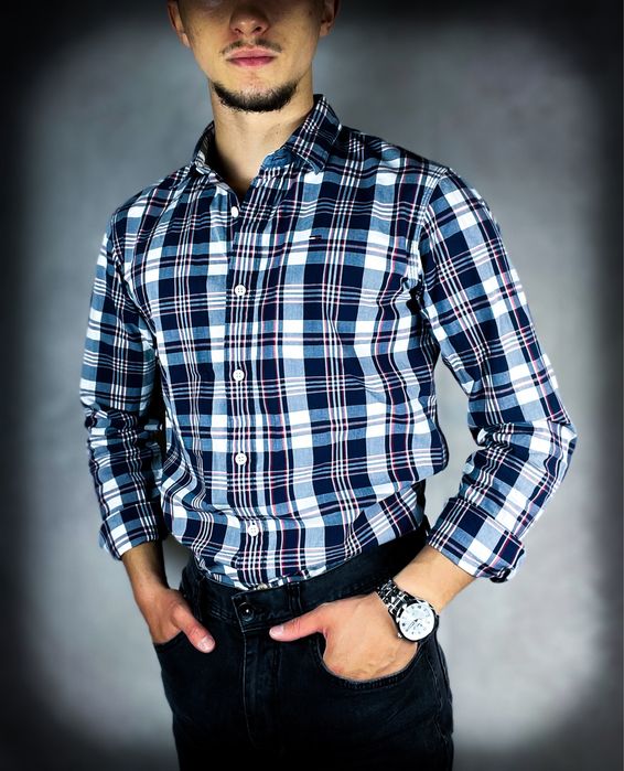 (S) Tommy Hilfiger Nowa Męska Koszula Biała Czerwona Granatowa Bawełna