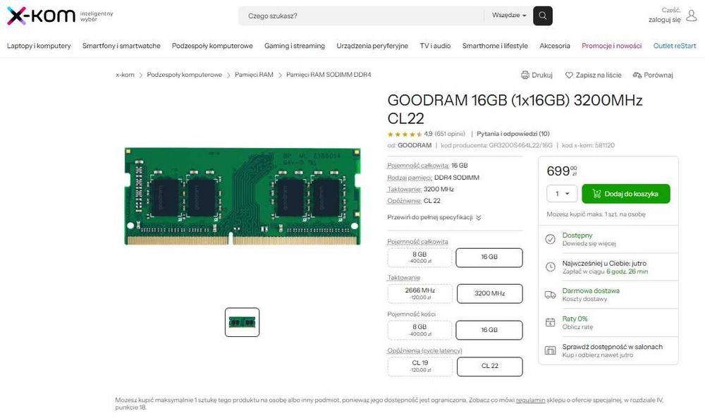 NOWY RAM 32GB Crucial DDR4 sodimm 2x16GB 3200MHz CL22 2x CT16G4SFRA32A