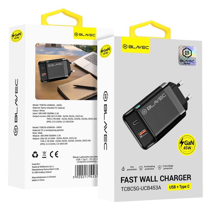 Ładowarka Sieciowa 45W Mocna Szybka Kostka 2 wyjścia USB + USB-C typ C