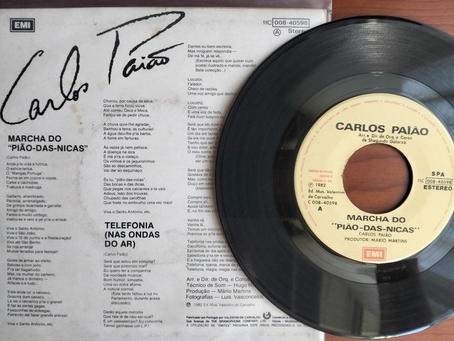 Disco de vinil single Carlos Paião - Marcha do Pião-das-Nicas