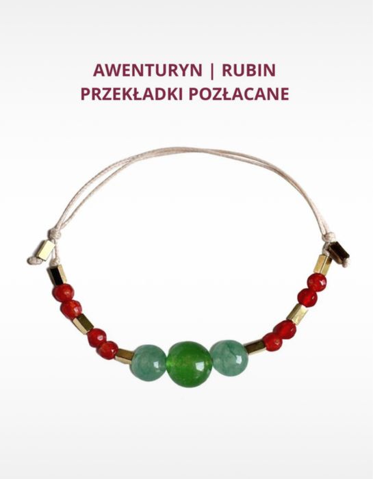 Bransoletka z kamieni naturalnych: zielony awenturyn i rubin, 16-22 cm