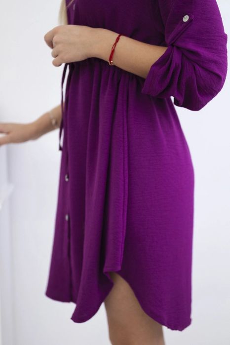 Sukienka damska ciemno fioletowa guziki wiązana w talii kołnierzyk