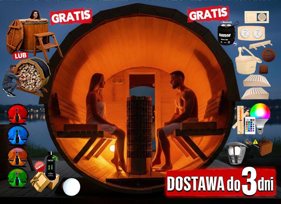 SAUNA Ogrodowa 300 cm + OKNO 100% + GRATIS Beczka 500L + Akcesoria
