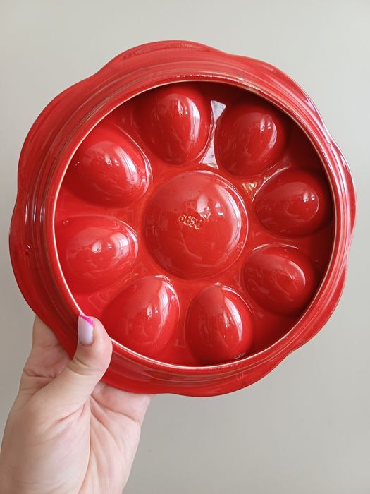 Talerzyk patera na jajka talerz taca czerwony ceramiczny półmisek vtg