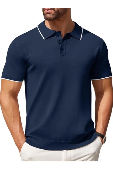 Granatowa koszulka polo męska z białym lamowaniem na rękawach 3xl 5ia