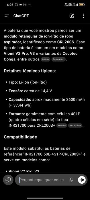 Bateria de alto desempenho para robôs aspiradores